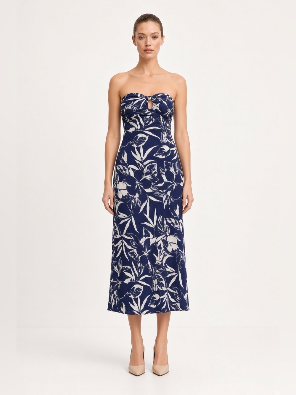 Abercrombie & Fitch Navy and White Strapless Floral Midi Dress small Pettit